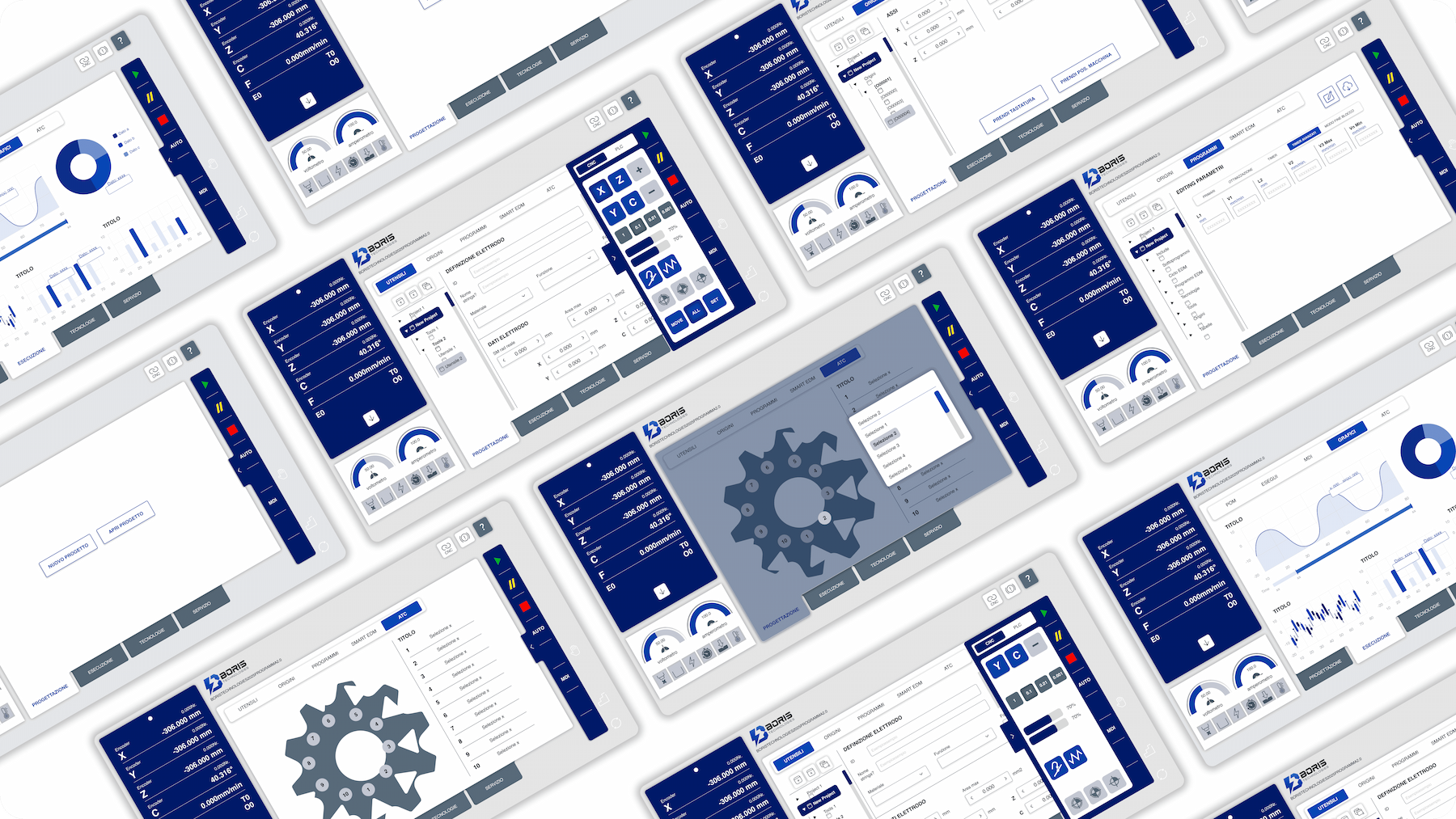 UX/UI interface mockups for the industrial embedded system