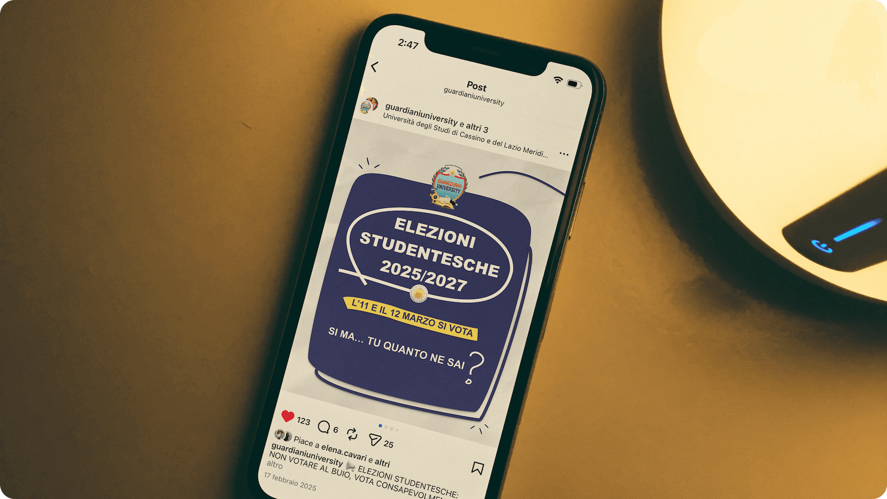 Smartphone displaying an Instagram campaign post for Guardiani University student elections