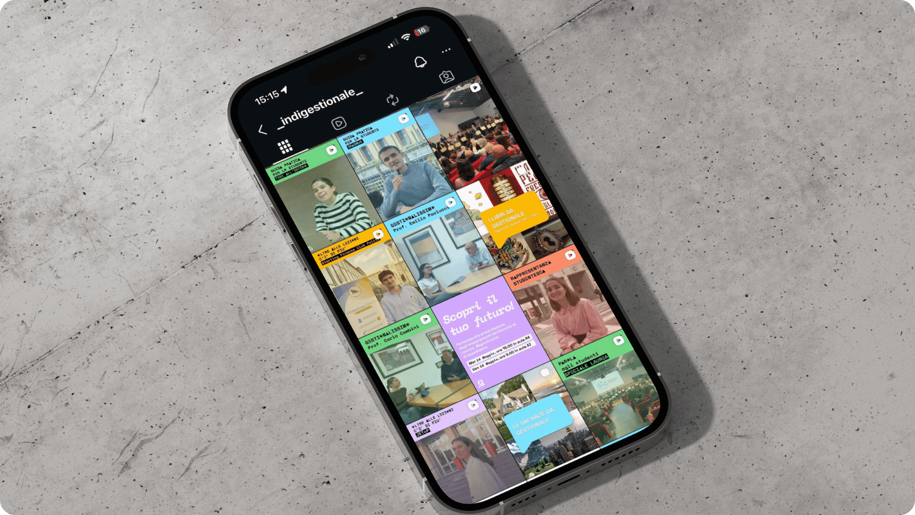 Smartphone lying on the ground showing the homepage of the _ indigestionale _ Instagram page.