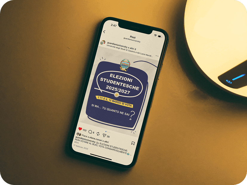 Smartphone displaying an Instagram campaign post for Guardiani University student elections