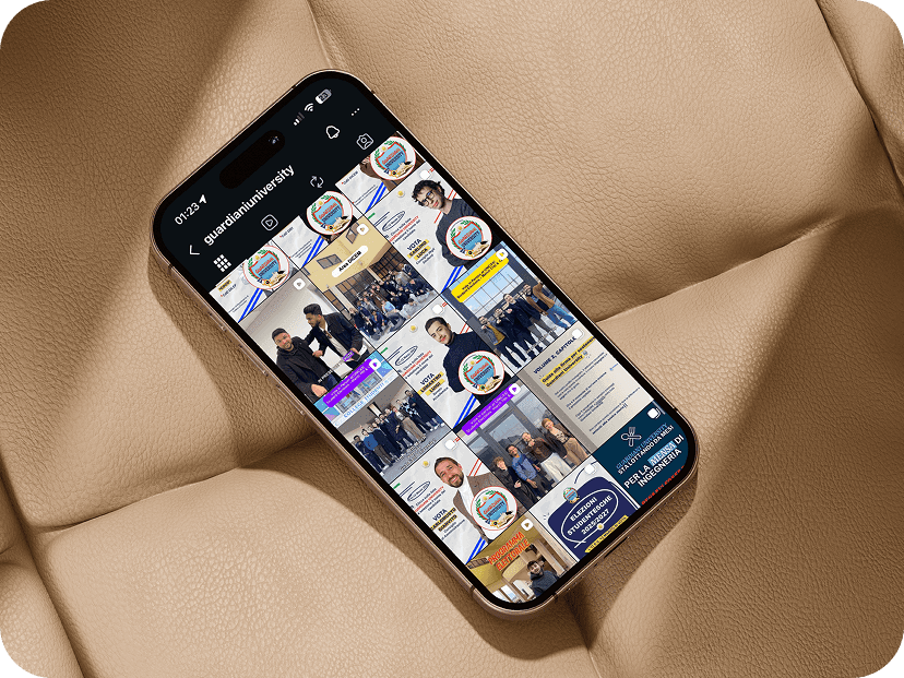 Smartphone displaying the cohesive Instagram profile grid created for the Guardiani University campaign
