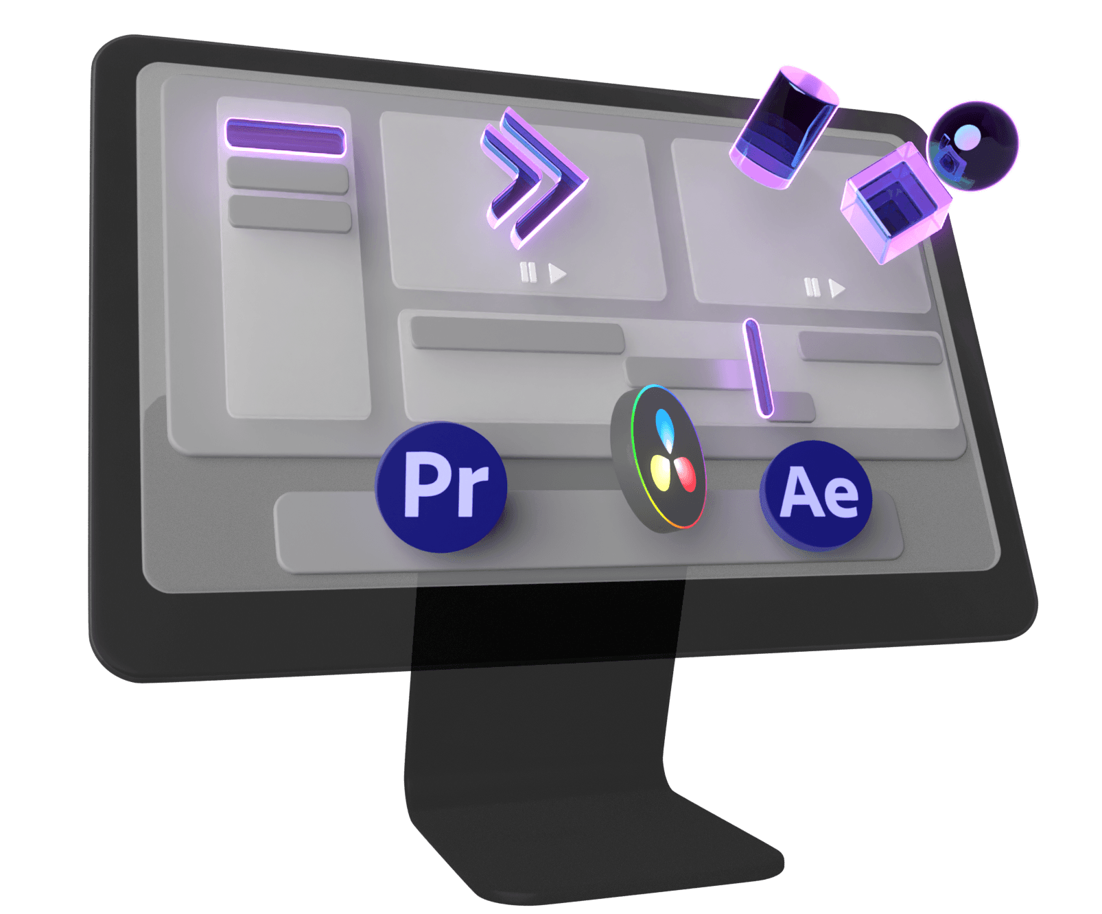 Grafica 3D con monitor e software di montaggio per produzione video teaser e servizi fotografici aziendali