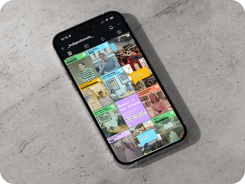 Smartphone lying on the ground showing the homepage of the _ indigestionale _ Instagram page.