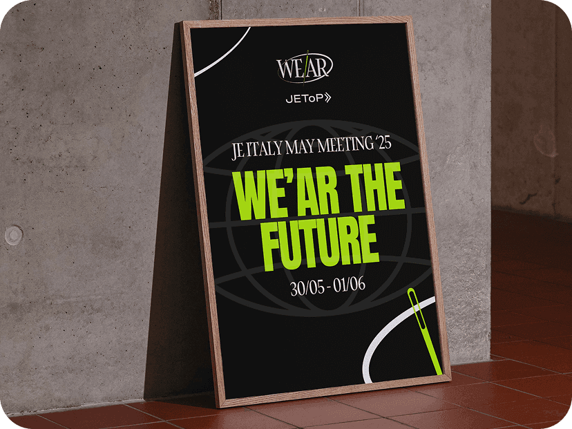 Event promotional roll-up banner reading Here today to we'ar the future