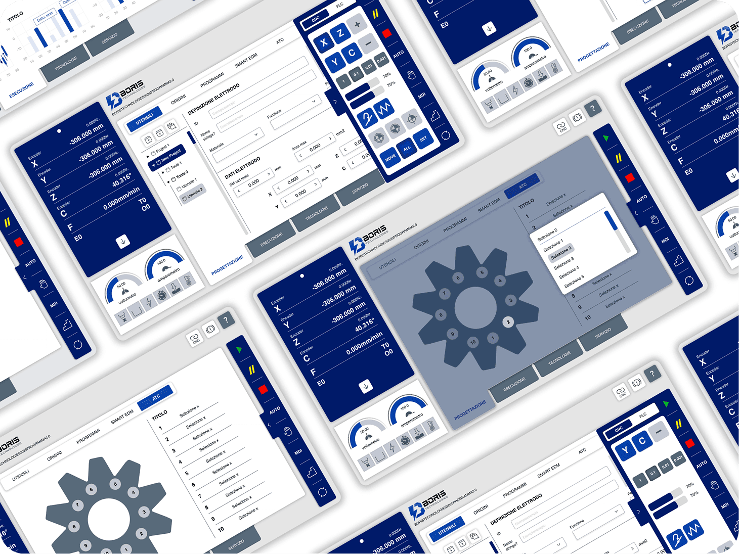 UX/UI interface mockups for the industrial embedded system